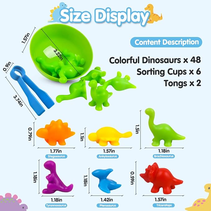 GKDOMS Counting Dinosaurs Toys Matching Game with Sorting Bowls Preschool Learning Activities Montessori Sensory Toys for Math Color Sorting, Party Favors Birthday Gift for Toddlers