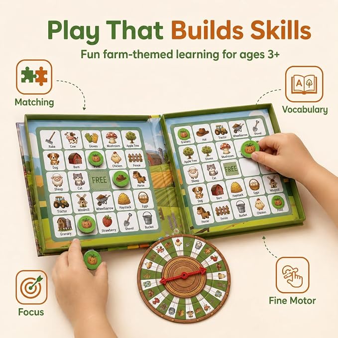 Travofun Farm Bingo Game, Magnetic Travel Toy for Kids 3 and Up, Ideal for Road Trips