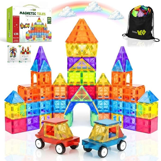 Magnet Tiles for Kids 136 PCS with 2 Cars Bases, STEM Magnetic Tiles for Toddlers, Educational Learning Toys for Ages 3-12, Magnetic Building Tiles for Preschool, Creative Play Set for Kids