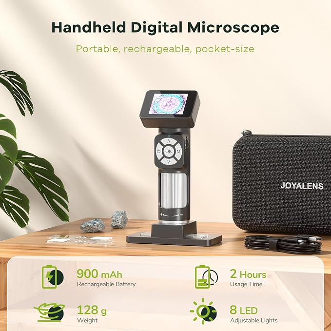 JL112 Handheld Microscope for Kids Adults, Portable Digital Microscope with 2" LCD Screen, 1080P USB Pocket Microscope Camera with 8 LED Lights, PC View, Microscope Slide Kit, 32GB