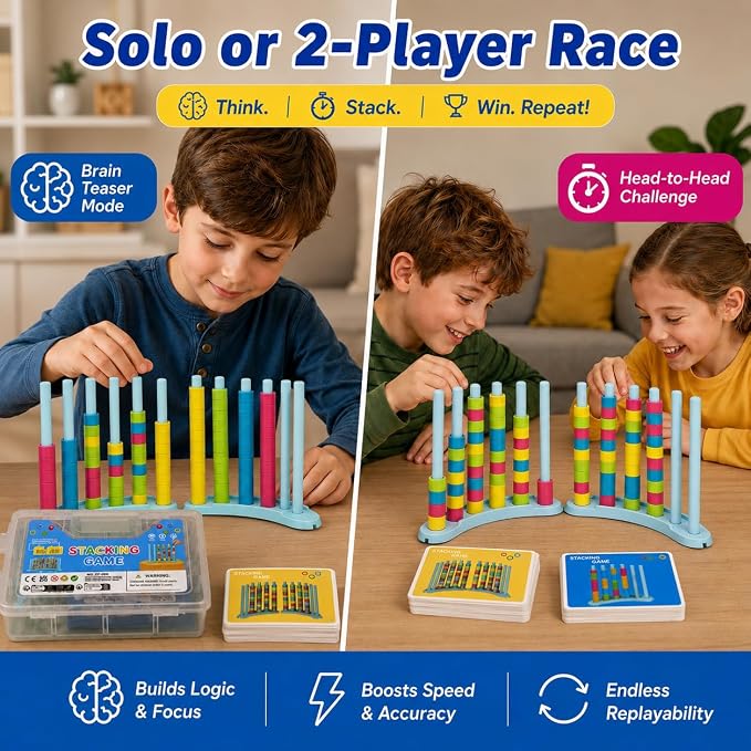 2 Pack Color Matching Challange Game, Stacking Table Games with Storage Box | Board Games for Plus Fun Party, Family Night, Classroom, Toys Gift for Kids Ages 3-12, Teens, Adults and Family