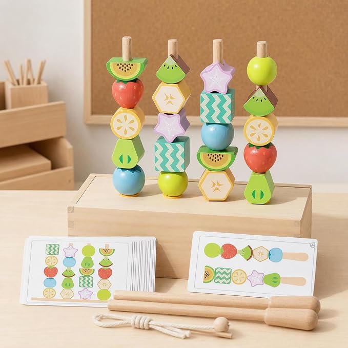 Children Learning Beads Wooden Fruit Themed Threading Blocks with Lacing String Pattern Cards Storage Box for Sequencing Shape Recognition Suitable for Classroom playroom