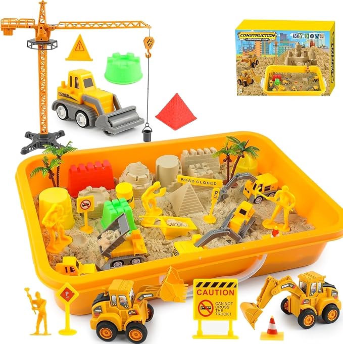 Sand Construction Kit - Play Sand Art Kit with 7 Construction Truck, 2lbs Magic Sand, Castle Molds, Crane, Worker Figures and Road Signs, Construction Sensory Bin for Preschool Learning for kids 3+