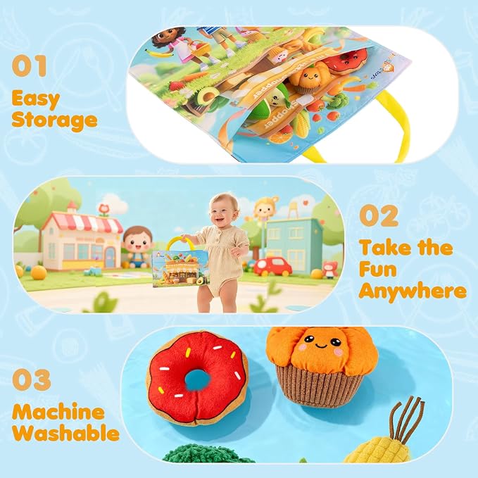 Montessori Sensory Toy for 1 Year Old, Fruit Vegetable Learning Sensory Toy | Color Sorting Play Food Set with Crinkle & Rattle, Fine Motor Skills Toy, Gift for 1 2 3 Year Old Boys & Girls