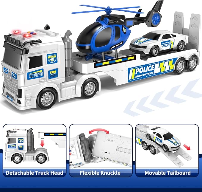 Kids Toys for Ages 3 4 5 6 7 8 Years Old Boys, 25" Large Police Semi Truck with Helicopter & Race Car, Friction Powered Vehicle with Lights & Sounds,Birthday Gift for Boys Girls
