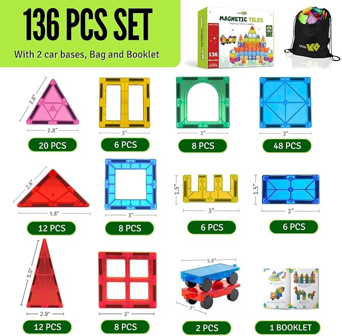 Magnet Tiles for Kids 136 PCS with 2 Cars Bases, STEM Magnetic Tiles for Toddlers, Educational Learning Toys for Ages 3-12, Magnetic Building Tiles for Preschool, Creative Play Set for Kids