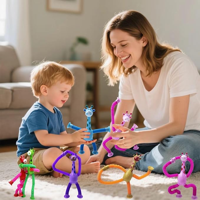 Giraffe Fidget Toys 12 Pack, Sensory Travel Toy with Suction Cups, Stretchy Pop Tubes for Kids, Autism Sensory Toys, Stress Relief Fidget Toys for Boys Girls Ages 3-8, Easter Christmas Birthday Gifts