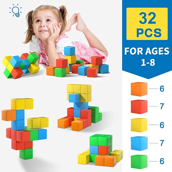 Feoxialy Magnetic Blocks,1.42IN 32pcs Large Magnet Building Block for Kids | Toddlers Toys for 3 4 5 6 7 8 Year Old Boys Girls Magnet Cubes Learning Sensory Toy for Kids Age 4-8 Christmas Birthday Gifts