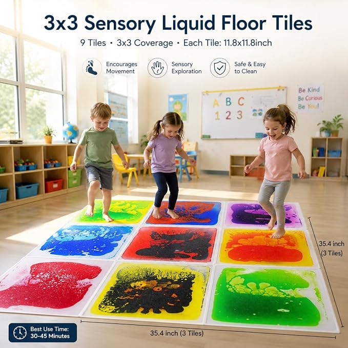 edusense Liquid Sensory Floor Tiles Non-Slip Autism Home&Classroom Play 3+ | Non-Slip Cushioned Motion Tiles for Autism Sensory Play, Classroom Bulk, Motor Skills, Visual Tracking, Ages 3+