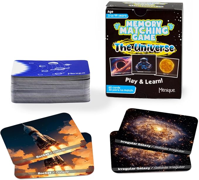 Menique Universe Memory Matching Game – 60 Cards (30 Pairs) – Bilingual Space Game with Planets, Stars & More – Educational for Kids and Adults