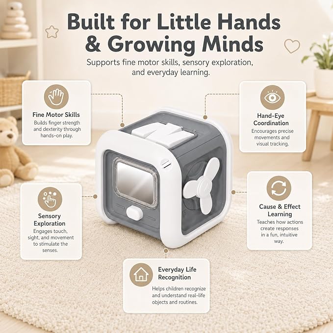 Montessori Toys for 1 Year Old Boy Girl - Busy Board with Light - Travel Sensory Toys for Toddlers 1-3 - Birthday Gifts Christmas Stocking Stuffers - Baby Toys 12-18 Months (Grey)