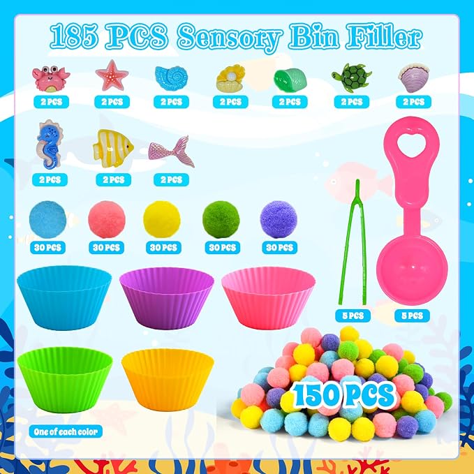 185pcs Summer Ocean Animal Sensory Bin Filler Fine Motor Toys Ocean Animals Sensory Bin Items Resin Crab, Starfish, Sea Snail, Pearl Shell Pom Poms for Preschool Education Counting Sorting
