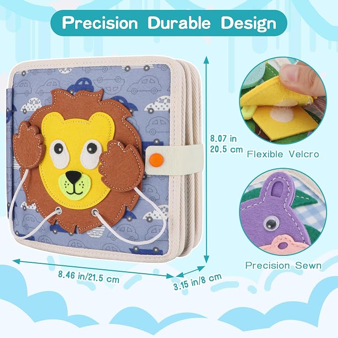 Montessori Busy Board for Toddlers, Soft Activity Book for Fine Motor Skills, Counting, Cognition, Sorting Matching, Travel Toys for Airplane Car, Gift for Girl Boy 2-4 Years Old (Lion)