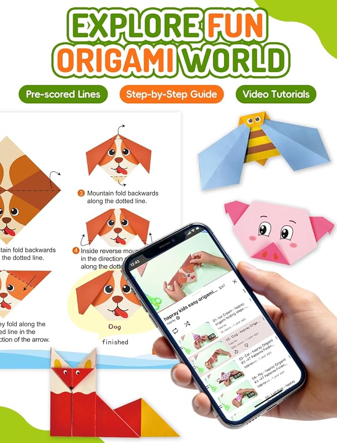 hapray Origami Kit for Kids, 98 Paper with 47 Patterns, Origami Book Video | DIY Art and Craft Projects with Video Tutorial, Beginners Origami Kit for Ages 5-12 8-12, Children's Day Gift Boy Girl