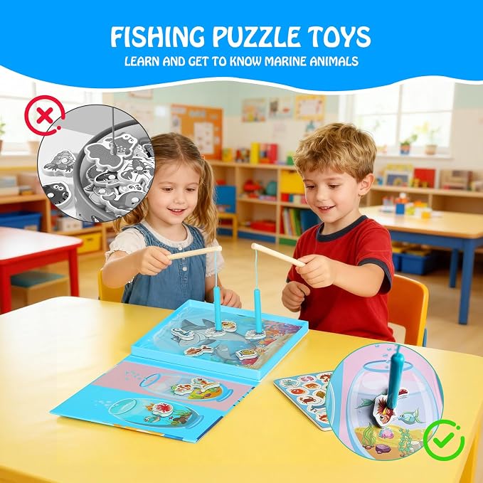 Magnetic Fishing Game for Toddlers Ages 3-8 – Montessori Wooden Educational Toy with 28 Fish – Preschool Learning Toy for Fine Motor Skills, Travel, Airplane & Road Trips