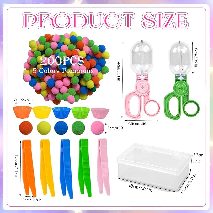 218Pcs Montessori Fine Motor Toys for Toddlers, Pom Poms Sorting Set with Tweezers, Clips, Cups & Storage Box, Sensory Bin for Preschool Learning, Counting, Color Matching