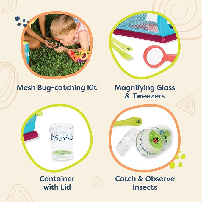 B. toys Bug Bungalow Bug Catching Kit with Mesh Bug House Case, Summer | 4-piece insect catching kit with mesh case, magnifying container, tweezers, magnifier, carry handle for nature play, 3+ Years