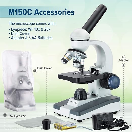 AmScope M150C-PS25 Series Portable Monocular Compound Microscope - 1000X | 40X-1000X Magnification Range Compound Biological Microscope LED Ring Light