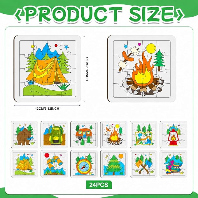Cinrobiye 24 Pcs Camping Coloring Jigsaw Craft Kit for Kids, DIY Outdoor Adventure Activity Set Bulk with 12 Designs, Happy Camper Party Favors, Classroom Art Projects
