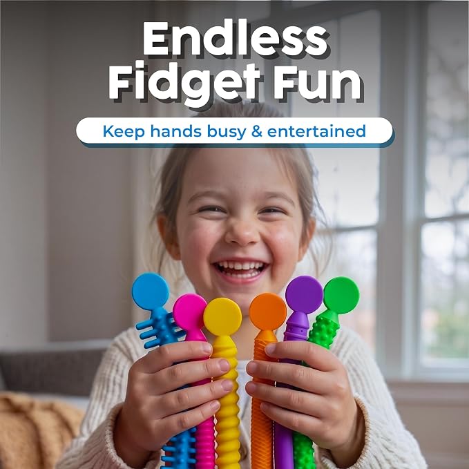 BUNMO Stretchy Strings - Stimulating & Fun Fidget Toys for Kids - Hours of Fun - Non-Mouthable Toy 3+ - Super Sensory 6 Pack