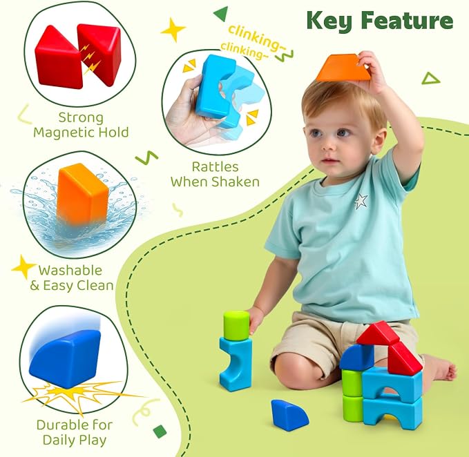 Pairez Toys Magnetic Blocks for Kids Ages 1-3, Large Building Blocks | Geometric 3D Shapes, 12 PCS Stacking Blocks Set, Montessori Sensory Toys for Toddlers, Boys & Girls, Kids Travel Toys