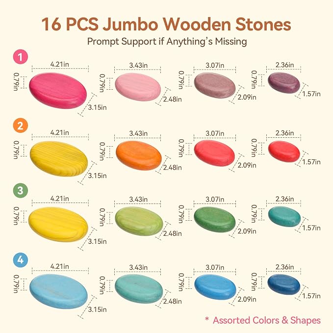 OESSUF Extra-Large Stacking Rocks for Toddlers 1-3, 16 PCS Wooden Montessori Toys, Safe Smooth Jumbo Balancing Stones for Open-Ended Sensory Play, STEM Building Blocks for Boys & Girls