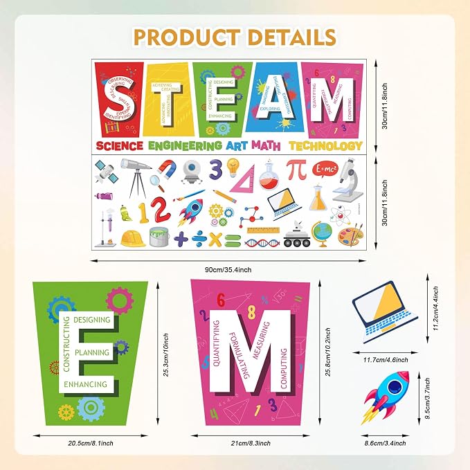 LHIUEM STEAM Educational Wall Stickers 35"×24" Science Tech Engineering Art Math Wall Decal Colorful Classroom Decor Removable Self Adhesive Learning Mural Renter Friendly for Kids Bedroom Playroom