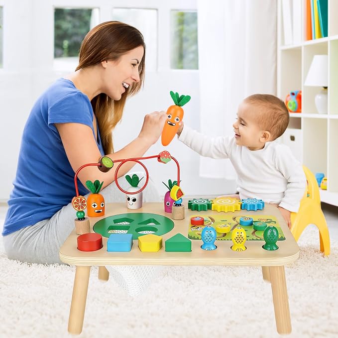 Activity Table, Montessori Toys for 1 2 Year Old Girls Boy Gifts, 7 in 1 Wooden Sensory Play Table for Toddler 1 2 3, Learning Toys for Baby 12-18 Months 1st Christmas Birthday Gifts
