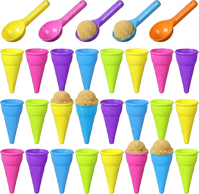 Potchen 60 Pcs Plastic Ice Cream Cones and Scoop Set Outdoor Beach Toys Kids Sand Mold Set Summer Sandbox Ice Cream Mold for Sensory Bin Outdoor Play Backyard Seaside Activities Party (Light Color)