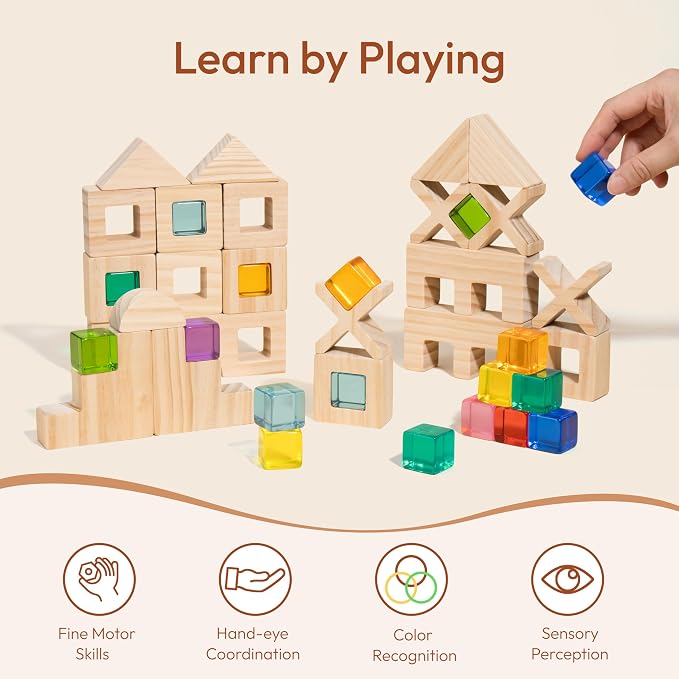 Woodtoe 47 PCS Rainbow Blocks Set, Wooden Building Blocks for Kids Ages 3-6 | Montessori Stacking Blocks Toys, 25 Gem Blocks, 22 Wooden Blocks, Educational STEM Creative Birthday Toys Gifts for Boy Girl