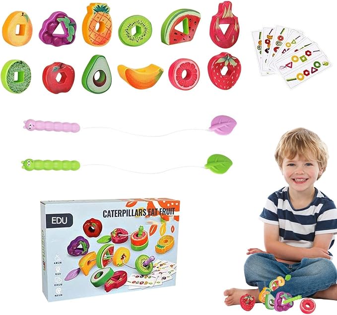 Fruit Veggie Threading Toy, Wooden Greedy Caterpillar Rope Toy, Sensory Play Learning Game, Fruit Veggie String Threading Toys, for Classroom Teaching Travel Car Road Trip