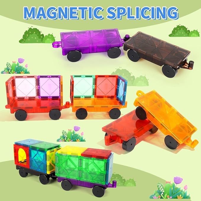 Mruikeny Magnetic Tiles Cars Construction Set - 4 PCS Magnet Cars Set | Magnetic Tiles Magnet Bricks Truck Sensory Toys, Educational Building Blocks for 3 4 5 6 7 8+ Year Old Girls Boys