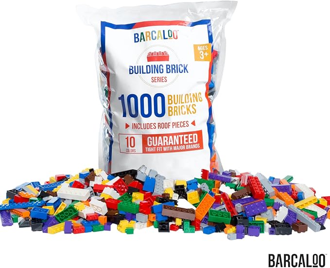 Barcaloo 1000 Piece Building Bricks Play Set, 10 Classic Colors Bulk Building Blocks, Generic Brick Building Parts, for Boys and Girls, Classic | Includes Wheels & Tires, Windows & Doors Pieces, Compatible with All Major Brands