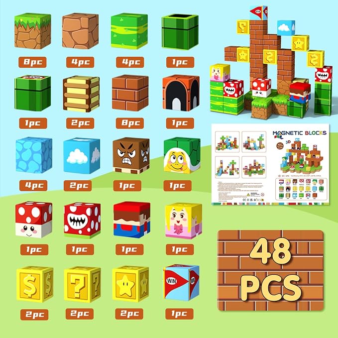 KAEILORU Magnetic Blocks,1.21" Large Magnet Building Block for 3 Year Old | 48PCS Toddlers Toys for 4 5 6 Year Old, Magnet Cubes for Kids Ages 3-5 4-8 Sensory Toy Christmas Birthday Gift for Boy Girl