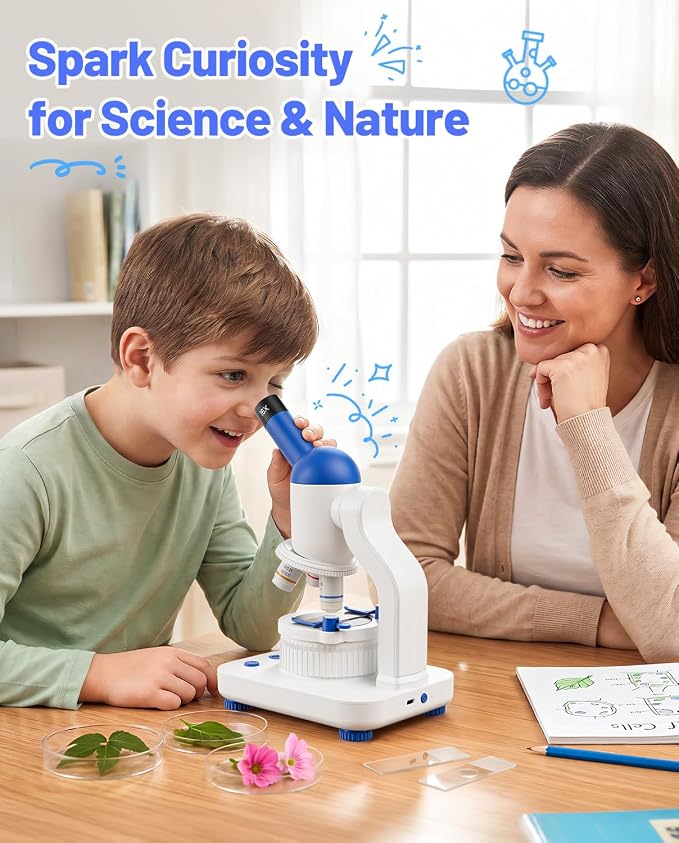 TOMLOV DM301K Microscope for Kids, 640X Educational Science Kit, STEM Toy | 12 Prepared Slides, Easy Focus, Beginner-Friendly, Dual LED Lights, Rechargeable Battery, Phone Adapter, Ages 6-12