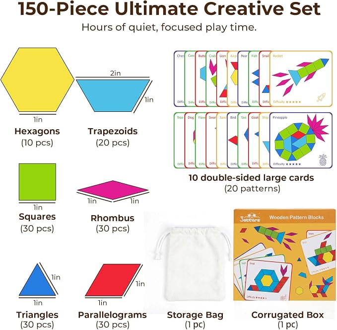 3 Otters 150Pcs Wooden Pattern Blocks Set, Geometric Tangram Shapes | with Activity Cards, Storage Bag, Screenless Play for Kid, Homeschool, Classroom, Travel Essential