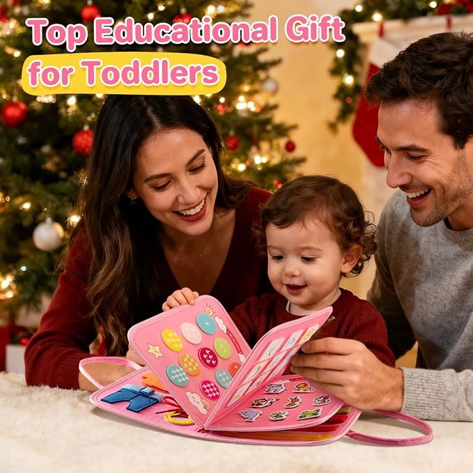 Busy Board Montessori Toys Toddler Girl Gift, Sensory Travel Toy for 1-3 | Preschool Educational Toy, Fine Motor Skills, Alphabet, Numbers, Shapes, Colors, Car & Airplane, Pink Multipages