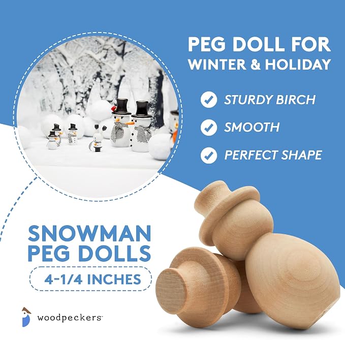Unfinished Wood Snowman Shelf Sitter, 4-1/4 inch Pack of 2, Large Snowman Pegdoll, Snowman Figurine for Holiday Décor, by Woodpeckers