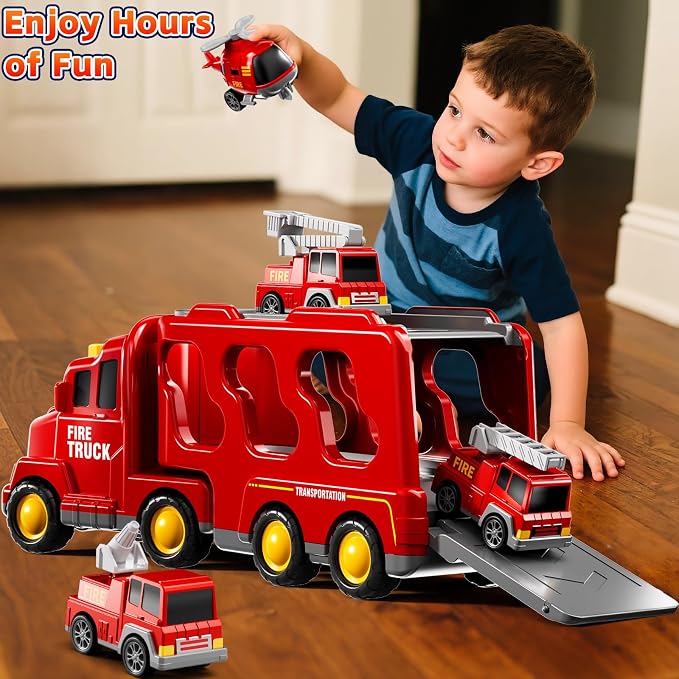 Fire Truck Toys for Toddler 3-5, 5-in-1 Fire Car Carrier | Vehicle Set for Boys Girls 3 4 5 6 Years Old, Transport Car with Light Sound, Birthdays Gifts for Kids Girls Aged 3-9