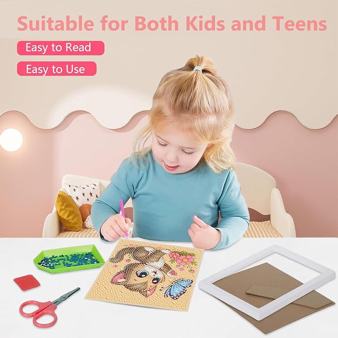 Gemozaic Cat Diamond Art Kits for Kids Ages 4-8-12 with Frame, 7 x 7 in | Cute Animal Diamond Art for Kids 4 6 8 10 12 Year Old, Easy Kid Big Gem Painting, DIY Arts and Crafts for Girl Birthday Gift