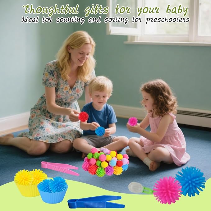 188 Pcs Fine Motor Skills Counting Sorting Sensory Toy Set 72 Hedge Ball 5 Tweezer 3 Scissor Clip 18 Sorting Cup 60 Pom Pom 30 Number Ornament for Education Preschool Training