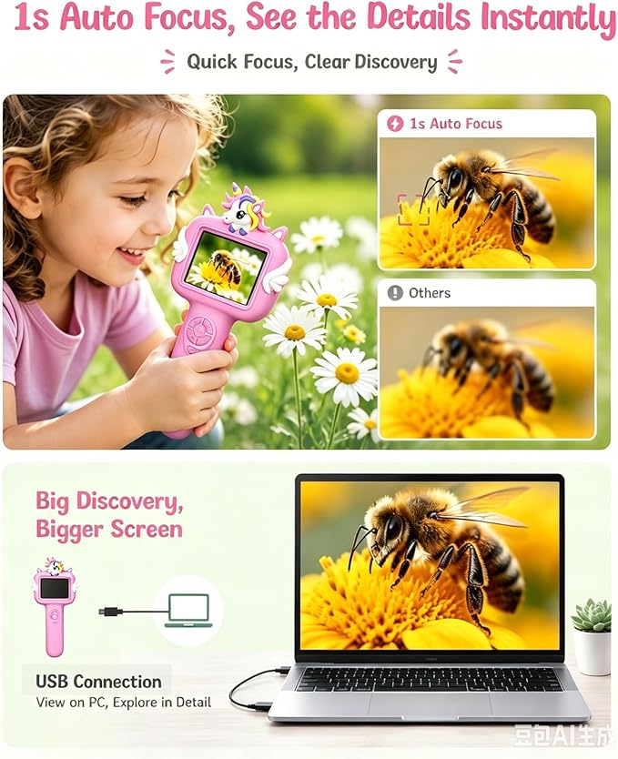 Outdoor Portable Kids Microscope: Handheld Microscope Auto Focus | Pocket 1000x Hand Held Microscope, Magnifying Camera for Travel, 3.5H Rechargeable Battery 6 LEDs, Anytime Exploration