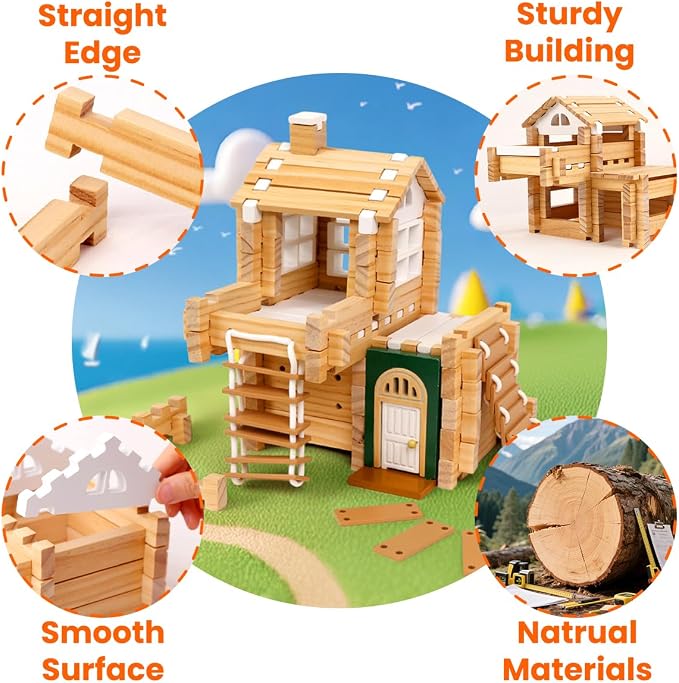 Jovi-mindly＆Notchies Building Blocks Set Wooden Blocks Toys (107 pcs) with Storage Bag, Educational Classic Wooden Blocks for Toddlers Ages 3+ Boys and Girls Aged Birthday Gift (with Printed Manual)