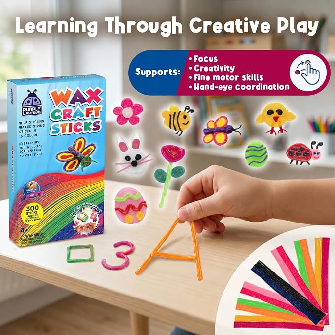 Wax Craft Sticks for Kids 300 PCS in 15 Colors, Mess-Free Sensory Craft | Reusable Bendable Wax Sticks, 6 in and 12 in Lengths, Non-Toxic, Screen-Free Road Trip and Airplane Travel Toy, Ages 4+