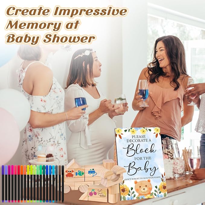 141 Pcs Baby Shower Game Sign Set Includes Decorative Square Signs 100 DIY Blank Wooden Blocks 20 Paint Markers(Bear)