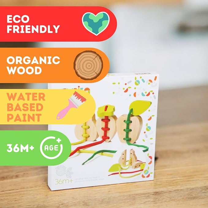 Wooden Lacing Fruit Set – Montessori Threading Toy for Toddlers Ages 3+ – Made from Natural Wood with Water-Based Paints – Travel-Friendly Educational Gift for Boys & Girls