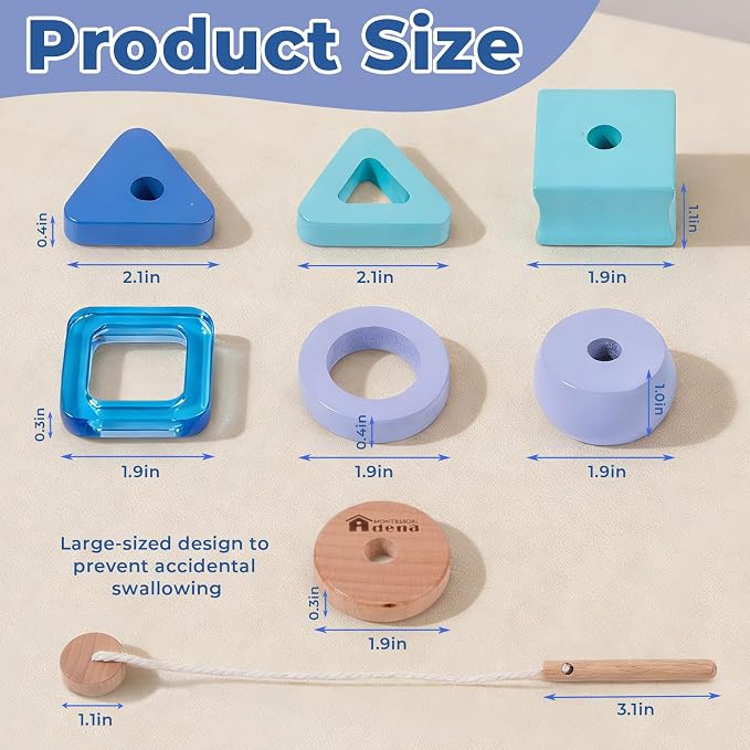 Adena Montessori Wooden Stringing Beads Set, Blue, 1-3y | Safe wood, 25+ beads with string. Lacing builds fine motor, hand-eye & patience. Montessori learning. Gift 1-3y.