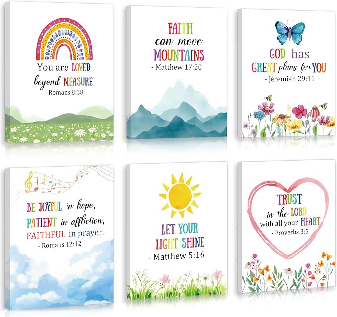 HOURIA Framed Kids Rainbow Religious Christian Wall Art (6pcs,8“X10” | Sunday School Decorations For Classroom playroom
