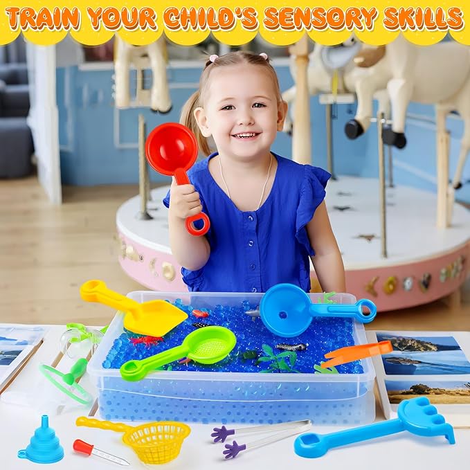 11 Pieces Sensory Bin Filler, Fine Motor Skills Handy Toys Set with 5 Scoops, Tweezers, Mini Silicone Tong, Scissors Clip, Dropper, Beach Shovels, Funnel, Sensory Bin Accessories Tools