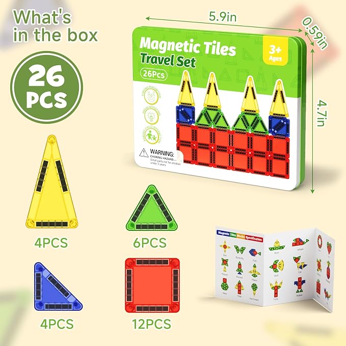 Travel Magnetic Tiles for Kids Car Games Road Trip Essentials | 26 PCS Mini Magnet Building Blocks in Tin Box to Stop Crying - 0.64 lb Pocket Size Educational Toy- Boys Girls Age 3-8